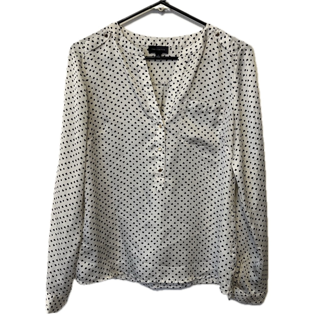 The Limited Women’s Button Up Blouse V-neck Top, Cream/black polka dot, sz Small
